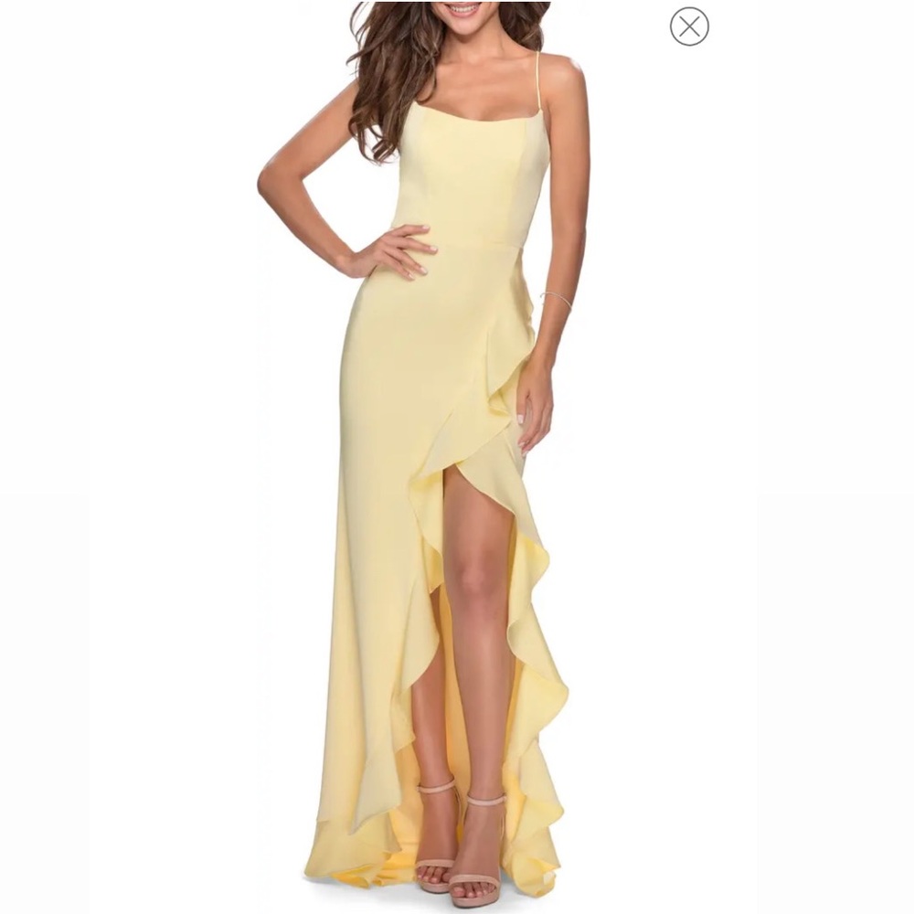 La Femme Flutter Slit Trumpet Gown